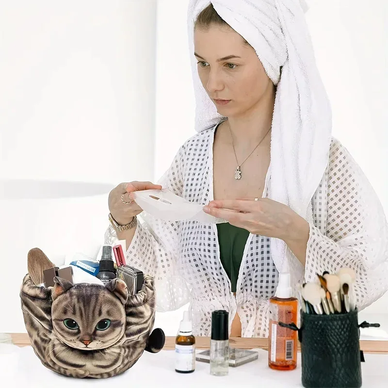 sac de rangement cosmétique en forme de chat, pochette de rangement de maquillage/soin de la peau de taille de voyage mignonne avec fermeture à cordon, sac cadeau pour les amoureux des chats