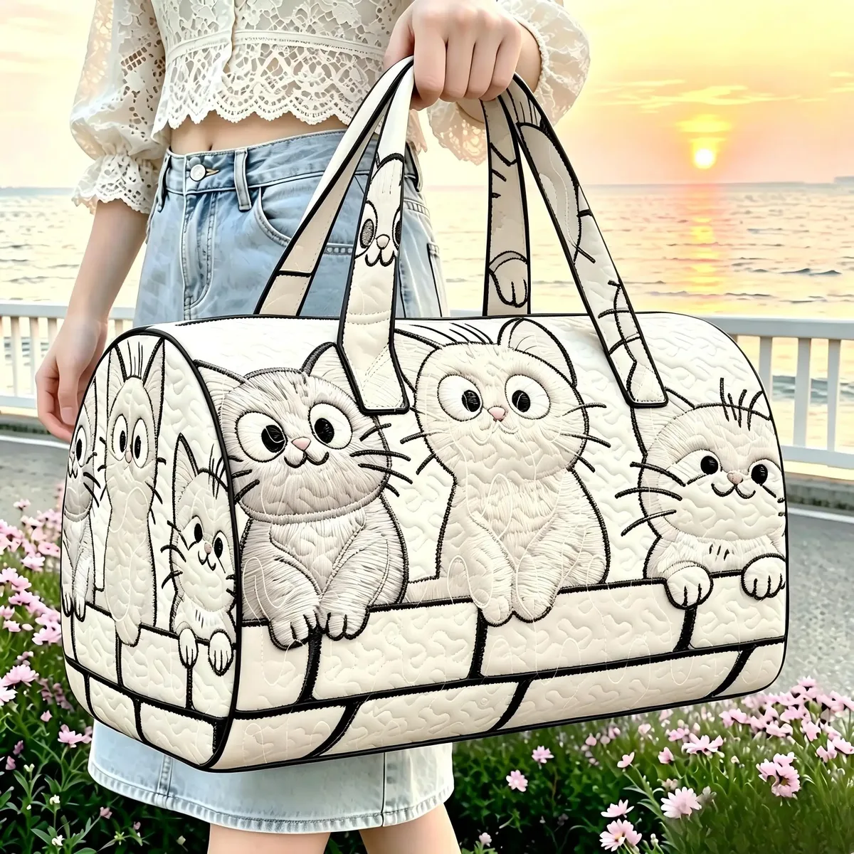 sac de voyage matelassé motif chaton mignon pour femme, sac à main de week-end, sac de sport portable, bagage cabine pour court séjour, sac fourre-tout