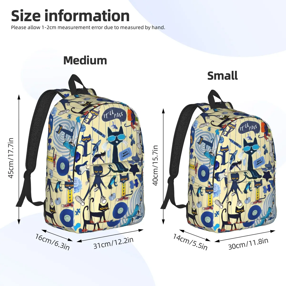 pete the cat sac à dos décontracté avec poche pour étudiants, sac à dos de travail, sac à dos de dessin animé pour hommes et femmes, sac à bandoulière pour ordinateur portable