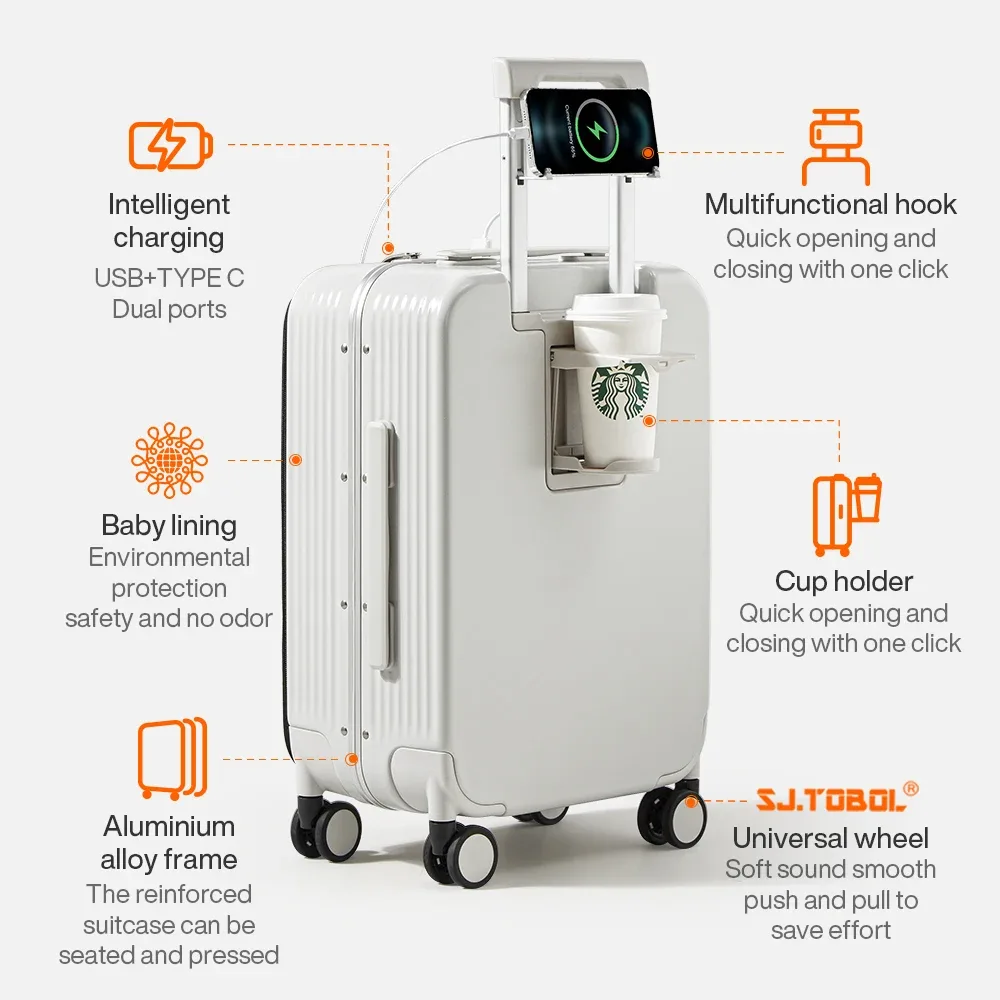 mixi nouvelle valise à cadre en aluminium bagage à roulettes avec port usb tasse de cabine d'embarquement et support pour téléphone 20 24 pouces