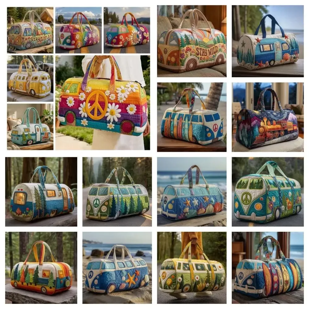sac de voyage matelassé grande capacité imprimé motif bus, en tissu doux et léger, avec fermeture éclair durable