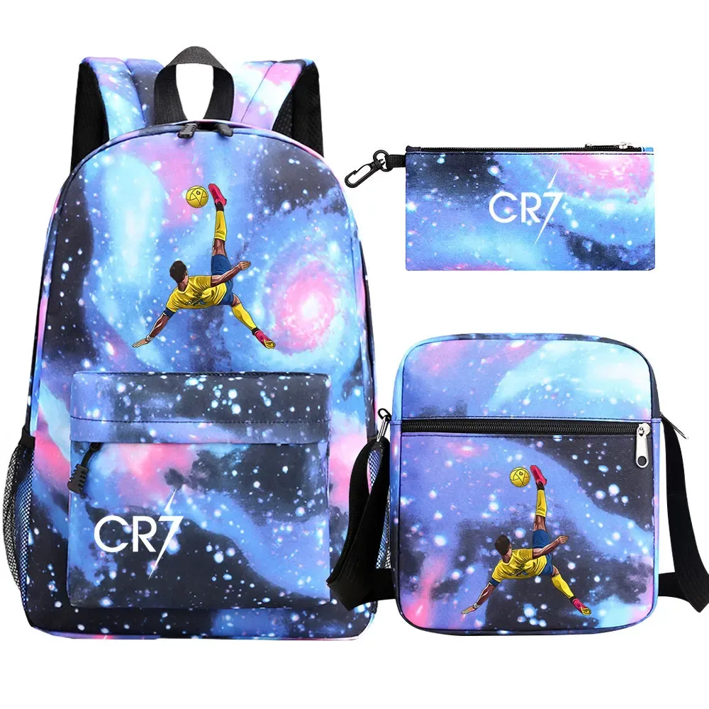 football star cr7 3 pièces garçon fille retour à l'école livre sacs, étudiant sac à bandoulière porte-crayon sac à dos, adolescents mochila hommes femmes