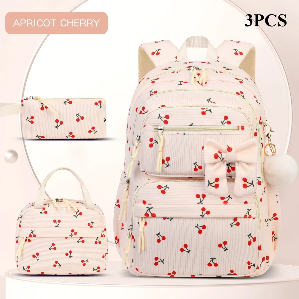 sac à dos en velours côtelé 3 pièces/ensemble, motif cerise, grande capacité, léger, pour filles