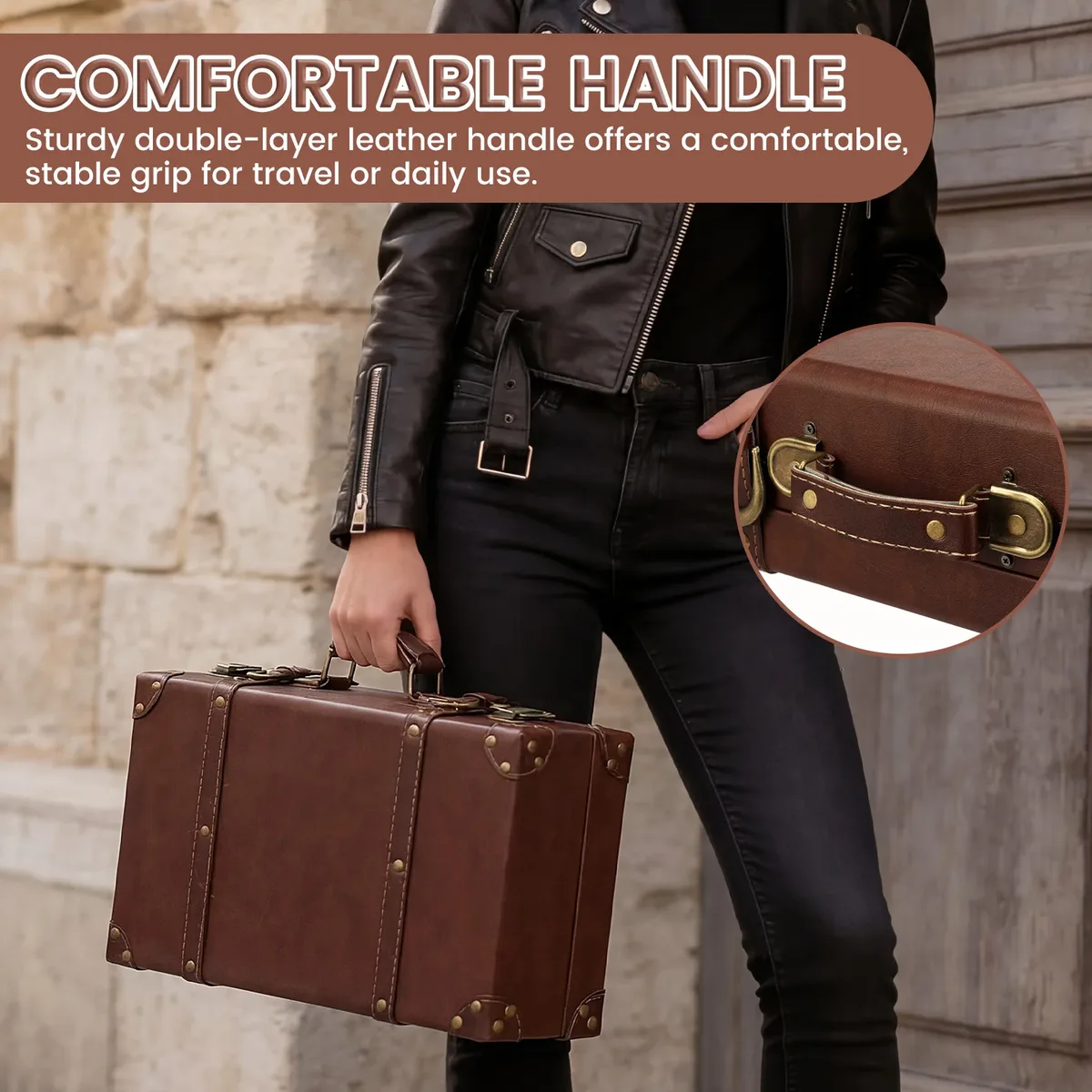 valise vintage en cuir, organisateur de vêtements, coffre portable, sac à main, ornement antique en bois, accessoire de transport, boîte de rangement