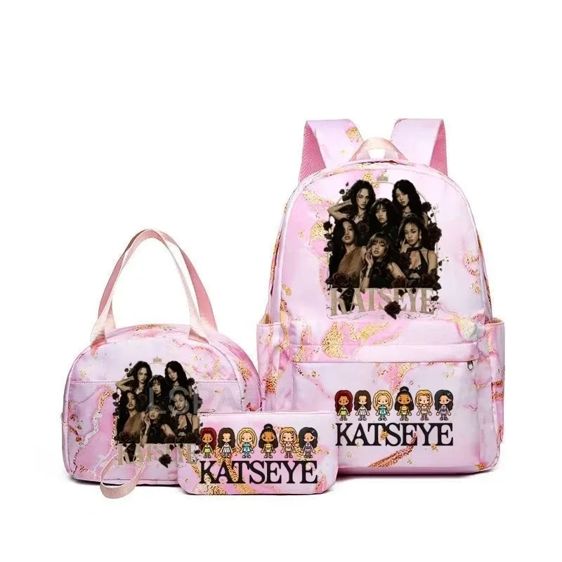 sacs à dos katseye à imprimé amusant avec sacs à lunch, multi-poches, camouflage, pour adolescents, sac à dos de voyage pour ordinateur portable, sac d'école pour femmes, mochila