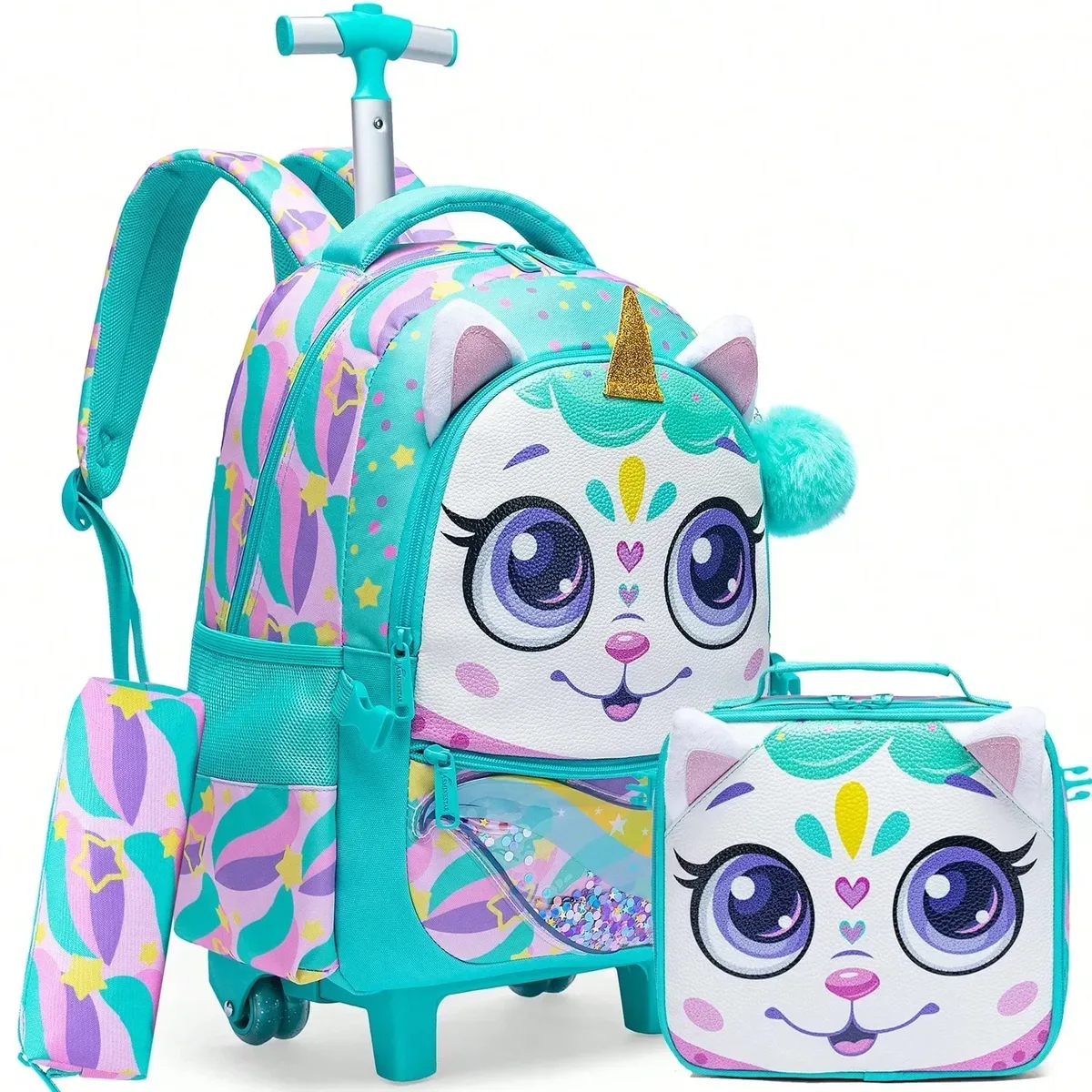 sac à dos roulant 3 pièces pour filles, avec roulettes pour élèves du primaire, sac à bagages à main 3 en 1, valise de voyage pour enfants