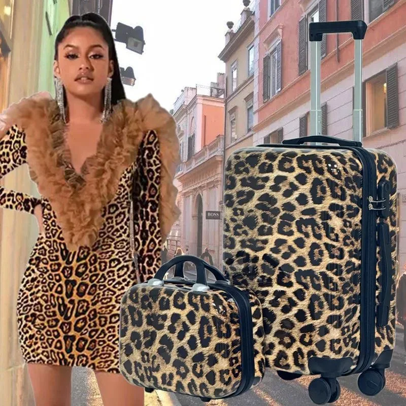 valise à roulettes silencieuses pour femme, imprimé léopard, 20 pouces – bagage cabine à motif animal féroce pour dames