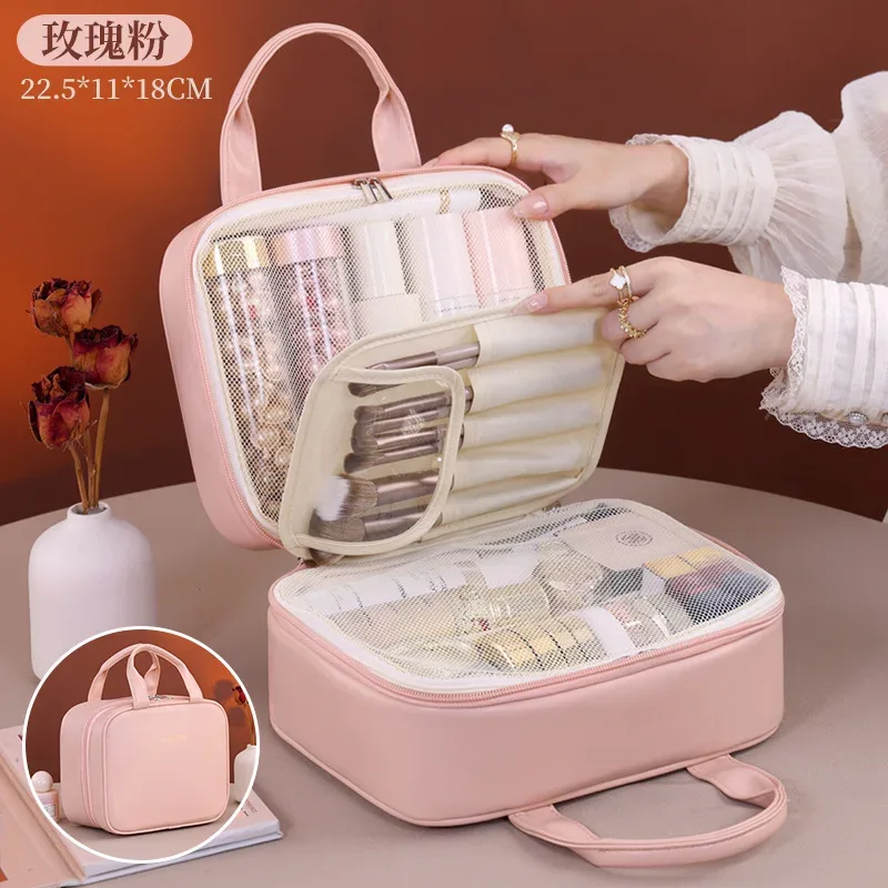 sac de rangement de cosmétiques à deux étages, espace de rangement surdimensionné avec poignées et plusieurs poches, trousse de toilette en matériau pu