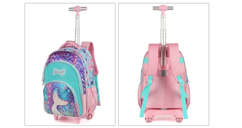 Sac à dos à roulettes pour filles, sac à dos à roulettes mignon, bagage à main pour enfants avec boîte à lunch et trousse à crayons pour l'école primaire