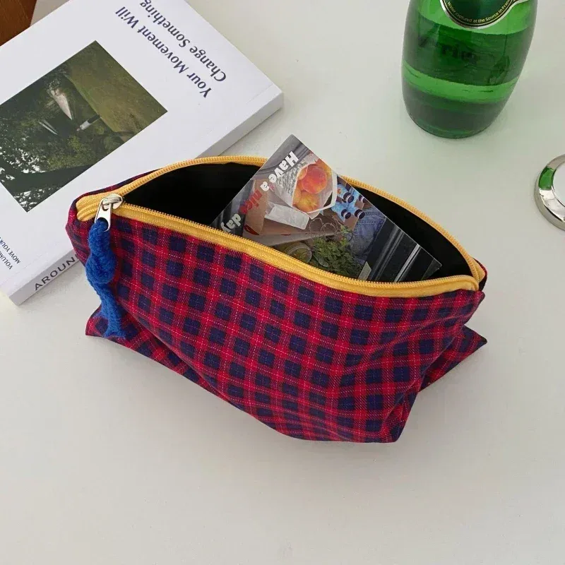 nouvelle trousse de maquillage à carreaux pour femme, grande capacité, en coton, avec fermeture éclair, pochette de voyage, sac cosmétique, nécessaire féminin