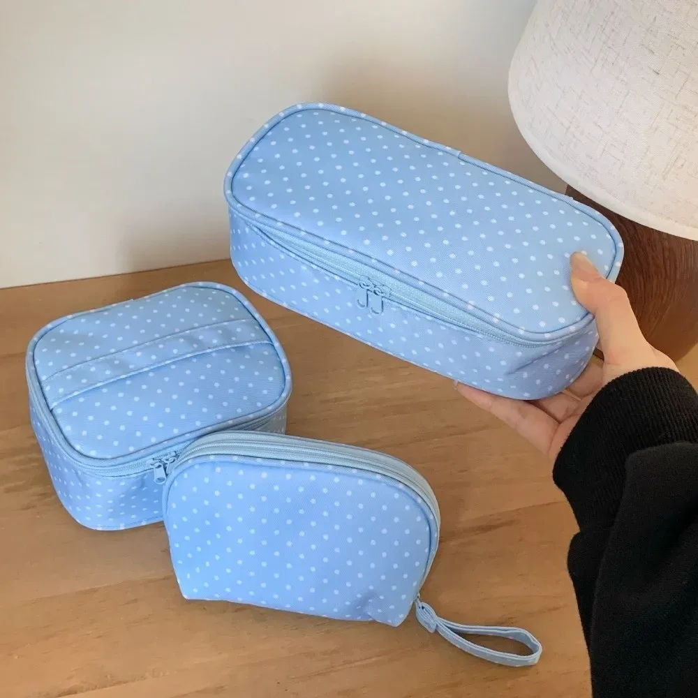 trousse de maquillage mignonne en polyester à pois bleu clair, pochette cosmétique multi-tailles à fermeture éclair, sac de voyage à carreaux pour articles de toilette, sac de rangement portable