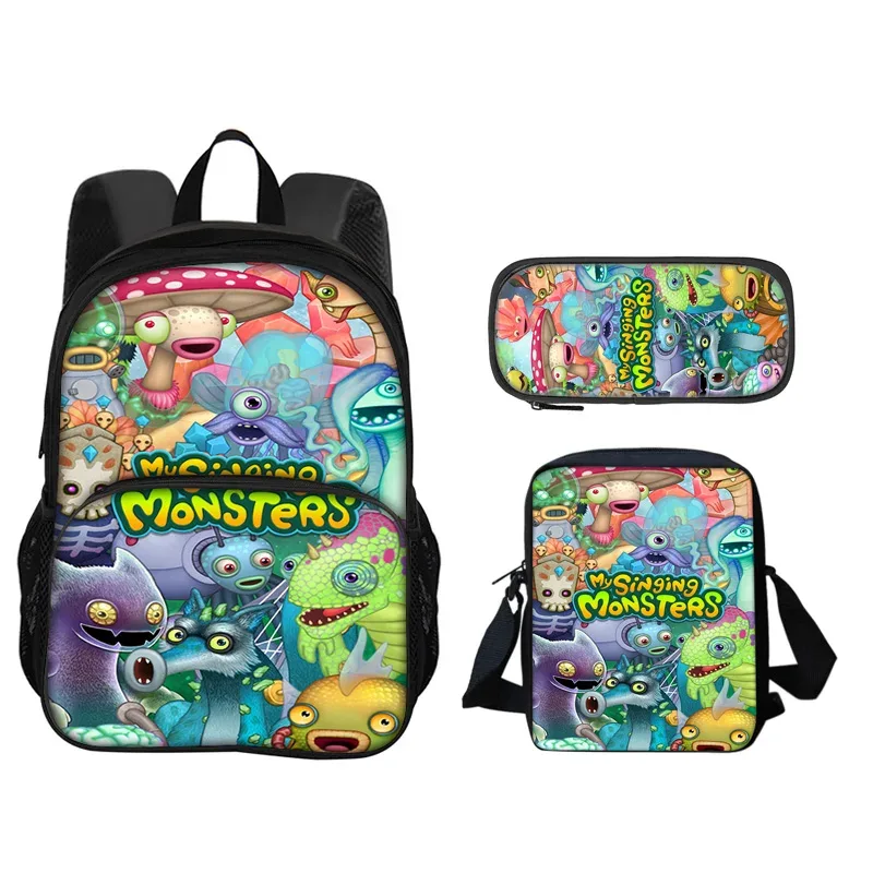 sac à dos my singing monsters, sac à stylos, sac à bandoulière, ensemble de 3 pièces imprimé pour garçons et filles de maternelle et d'école primaire