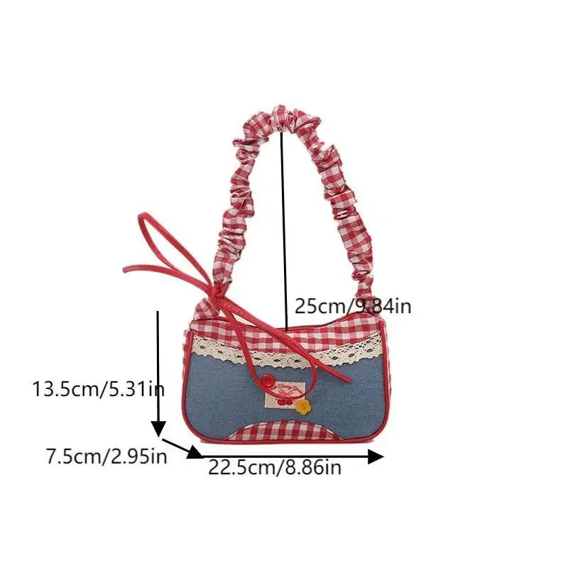 sacs à bandoulière en dentelle à carreaux pour femmes, sac sous les bras en patchwork de style collégial pour filles, design plissé simple, sacs à main féminins