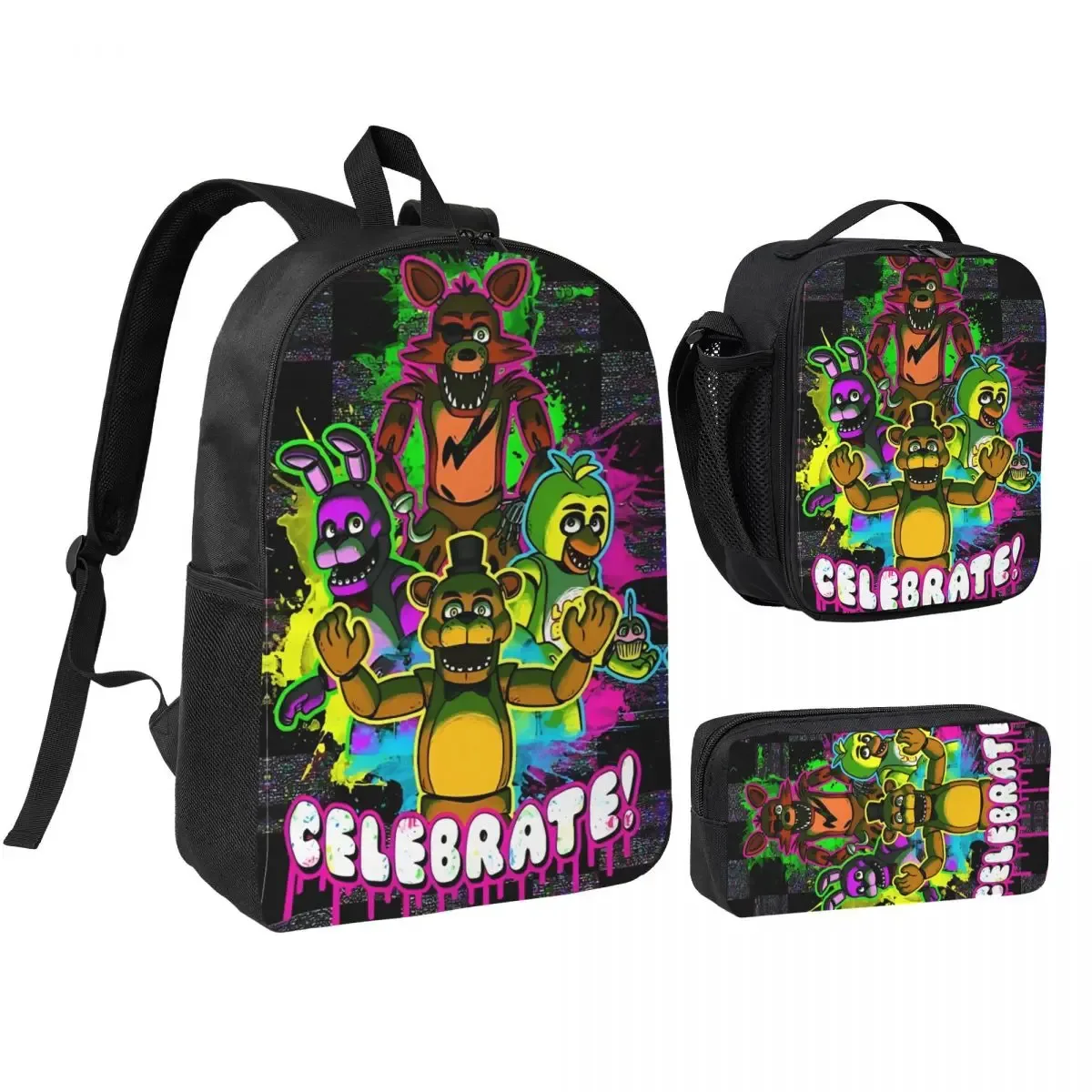 3pecs/ensemble glamrock fnaf sac à dos de jeu vidéo pour étudiant retour à l'école sacs en toile sac à déjeuner trousse à crayons