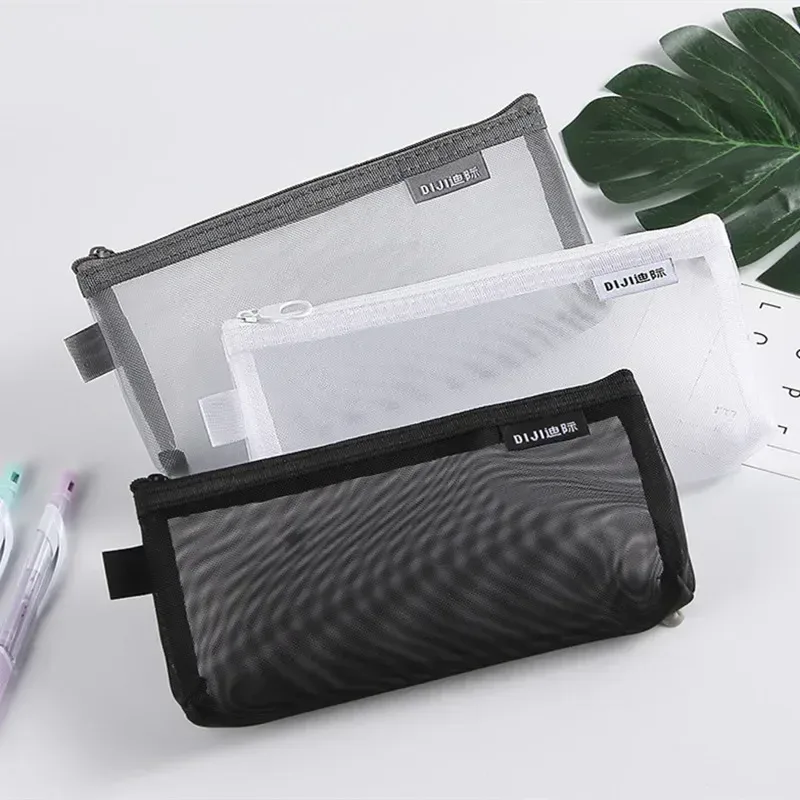 trousse de maquillage en nylon gris noir, maille, grande capacité, sacs transparents pour pinceaux cosmétiques, étudiants, trousse à crayons simple en nylon pour vacances