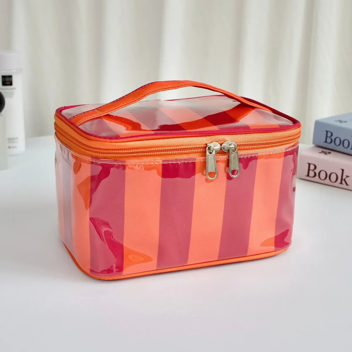 sac cosmétique brillant à rayures en pvc, très populaire, grande capacité, sac de toilette portable, sac de rangement de voyage imperméable
