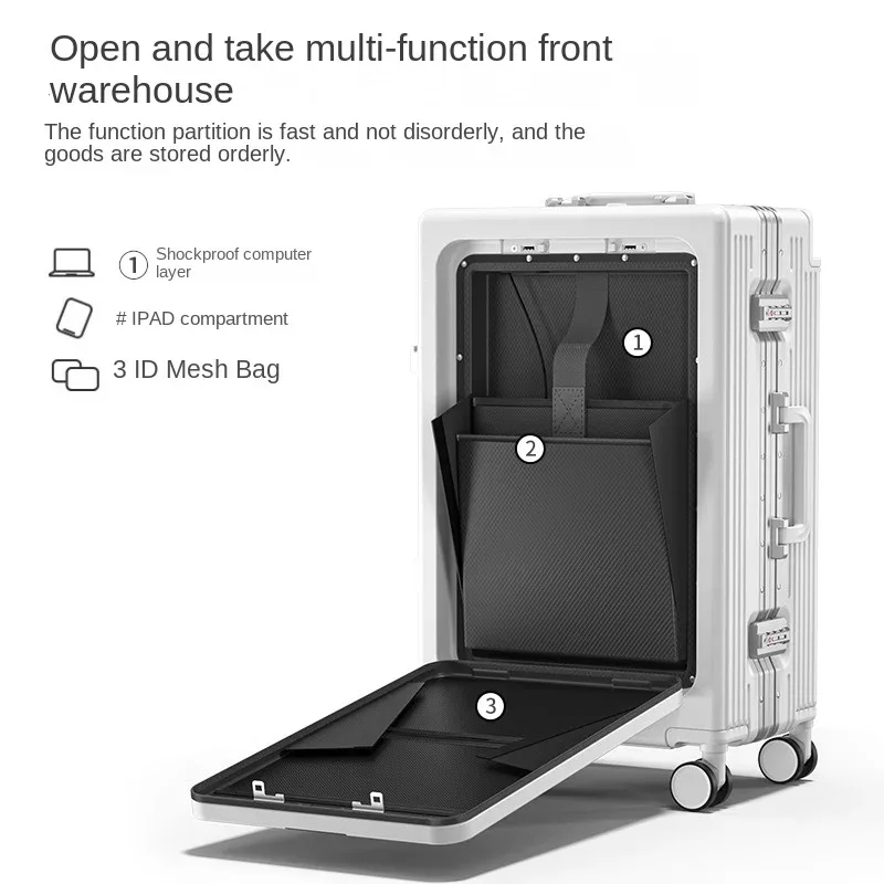 valise de voyage à roulettes large avec ouverture frontale, cadre en aluminium, sac multifonctionnel pour ordinateur portable d'affaires, valise à main 20-28''