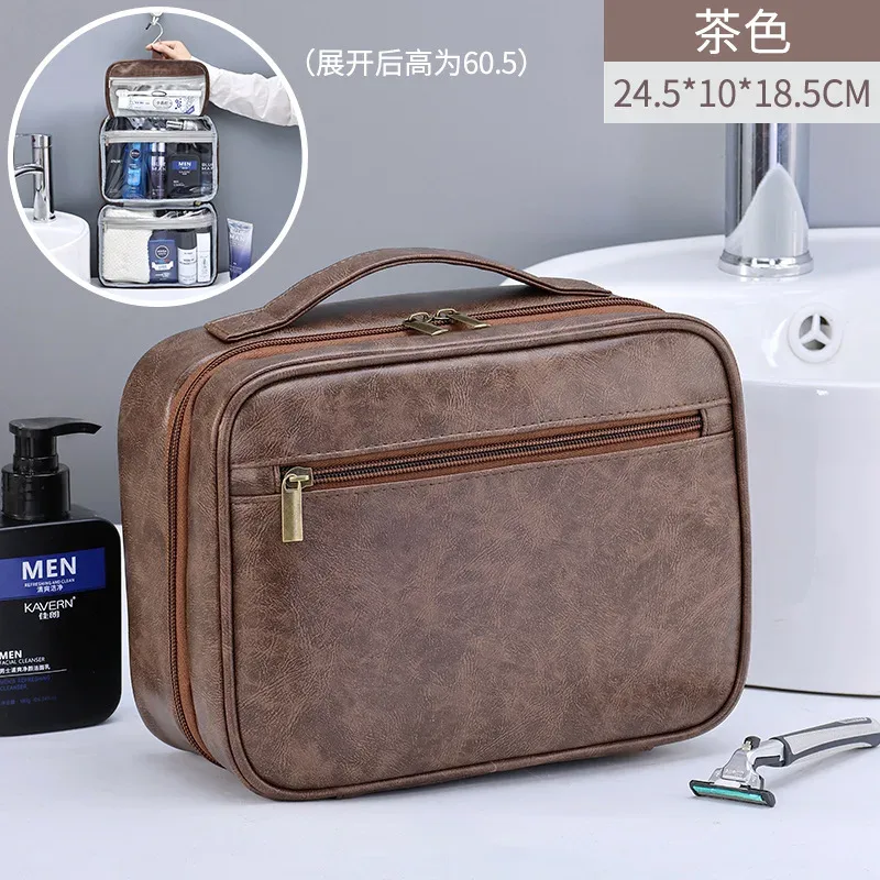 sac de rangement portable en cuir pu pour hommes et femmes, sac de rangement d'affaires à fermeture éclair, organisateur de produits de toilette, sac à cosmétiques de voyage, pochette de lavage étanche suspendue
