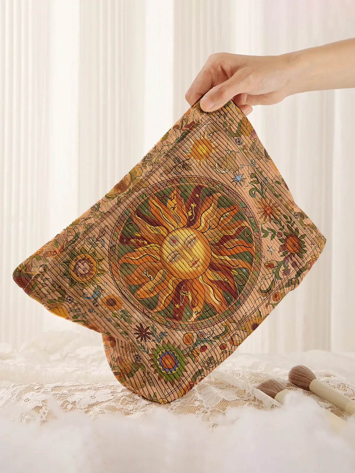 pochette à maquillage vintage bohème en velours côtelé imprimé soleil et fleurs, pochette légère à fermeture éclair, trousse de toilette multifonctionnelle doublée