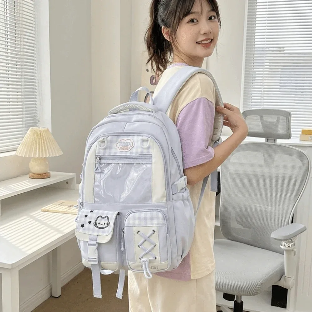 Sac à dos scolaire multi-compartiments de style preppy, léger, grande capacité, sac à dos multi-poches avec fermeture éclair pour filles