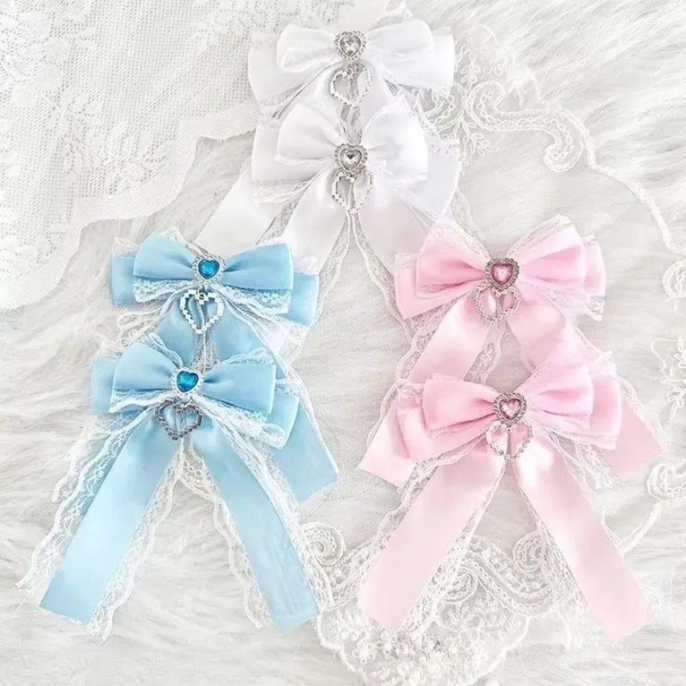 1/2PCS Kit de nœuds en ruban à faire soi-même, double couche, avec pendentif en forme de cœur, clip diamant, breloque de sac à dos Lolita, cœur scintillant