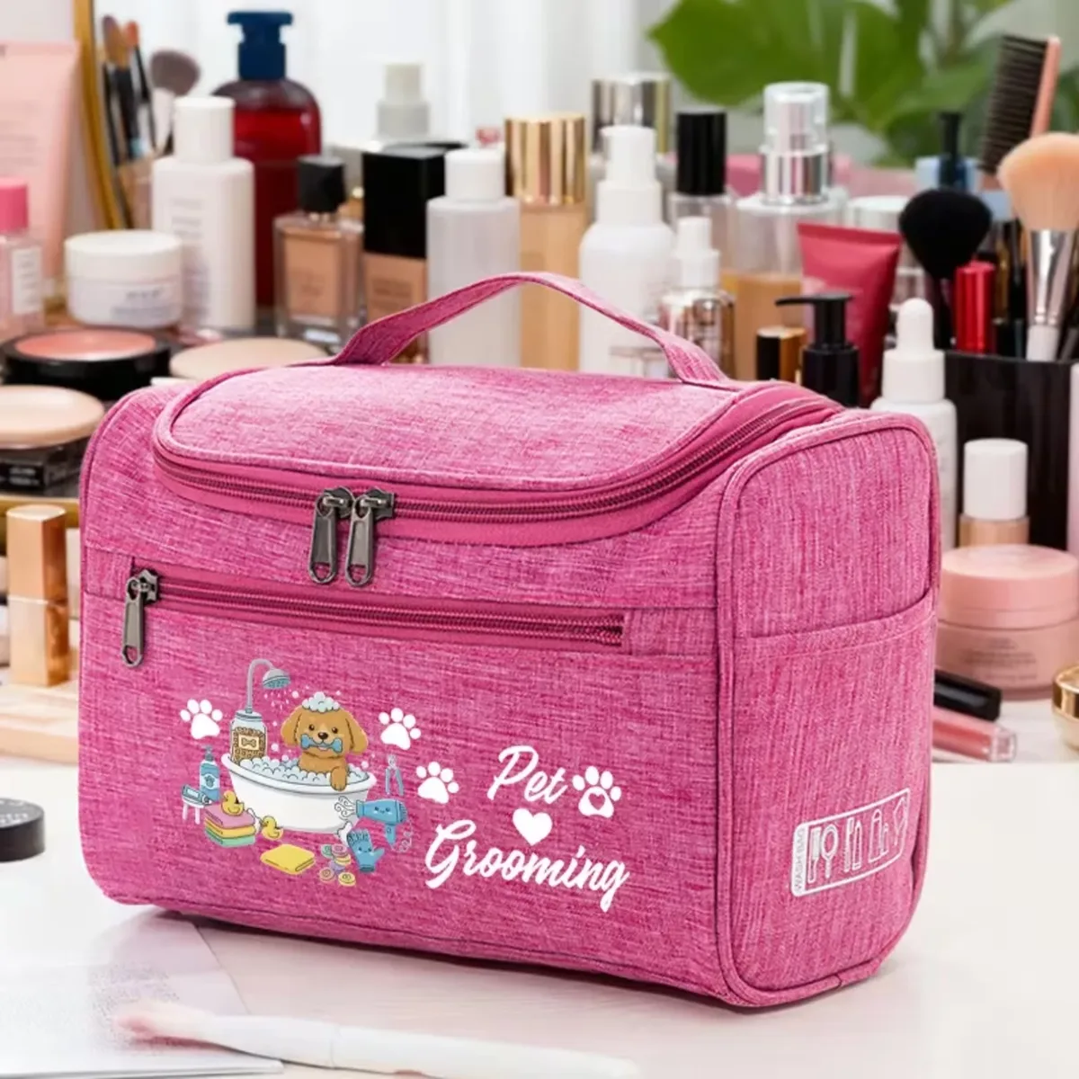 sac de voyage pour toilettage des animaux, organisateur d'accessoires pour animaux de compagnie avec motif de bain de chien mignon, pochette suspendue portable pour accessoires de toilettage