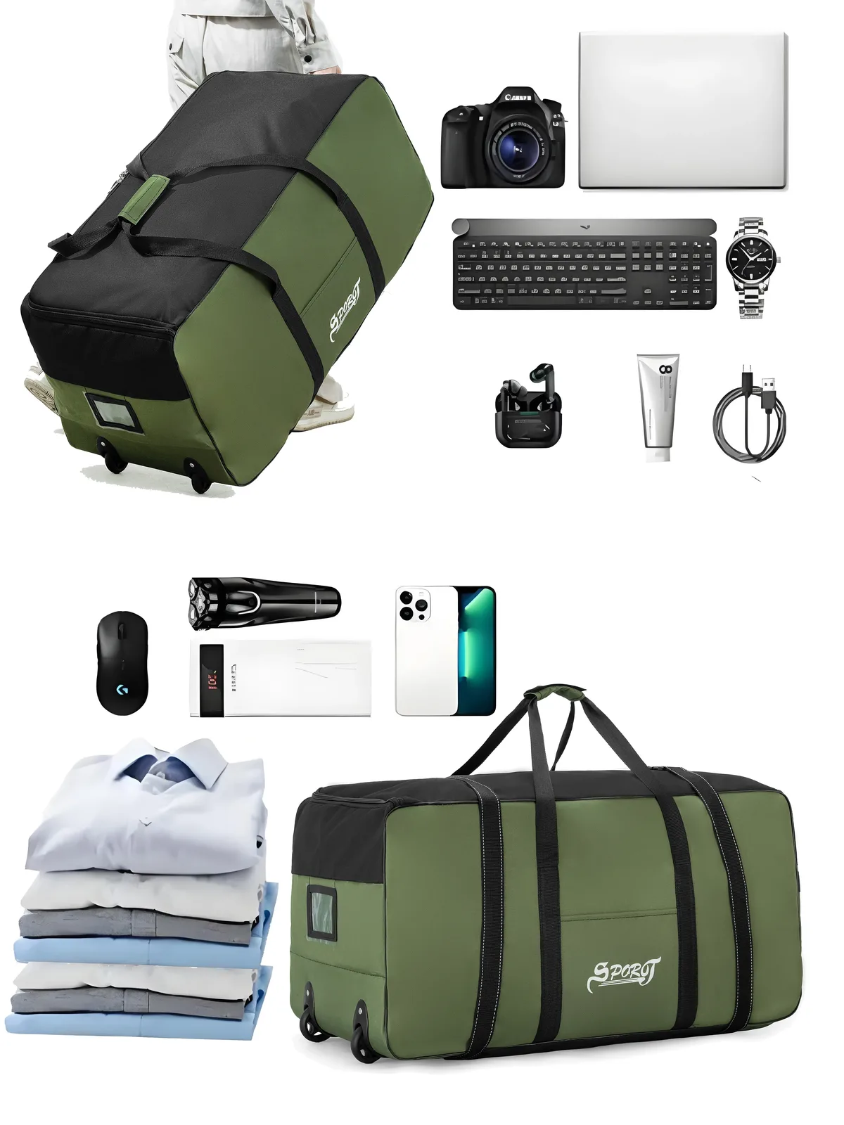 équipement de pique-nique de style camping en plein air, sac à cosmétiques, vêtements, tente, fournitures, boîte de rangement avec roulettes, sac de voyage extra large de grande capacité