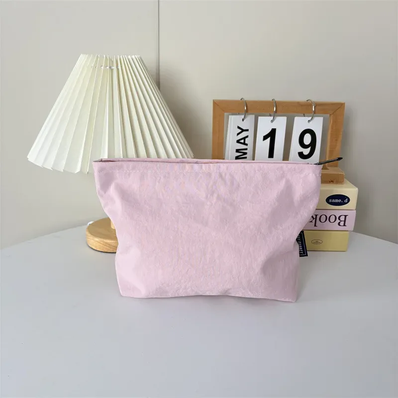 sac cosmétique en nylon avec logo imprimé personnalisé, couleur unie simple, pochette pour femme, grande capacité, fermeture éclair, sacs de rangement pour articles de toilette