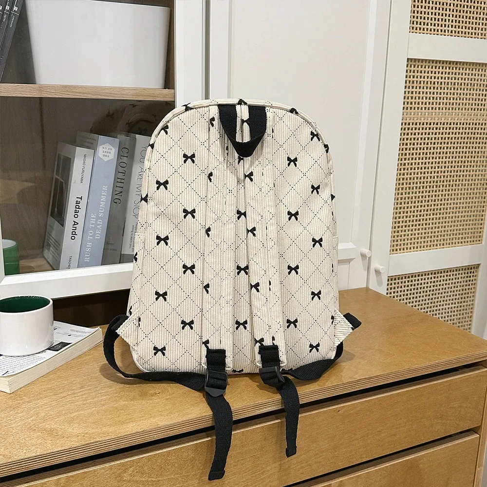 sac à dos de loisirs en velours côtelé avec nœud, grande capacité, style universitaire, pour le printemps et l'été, idéal pour les trajets quotidiens