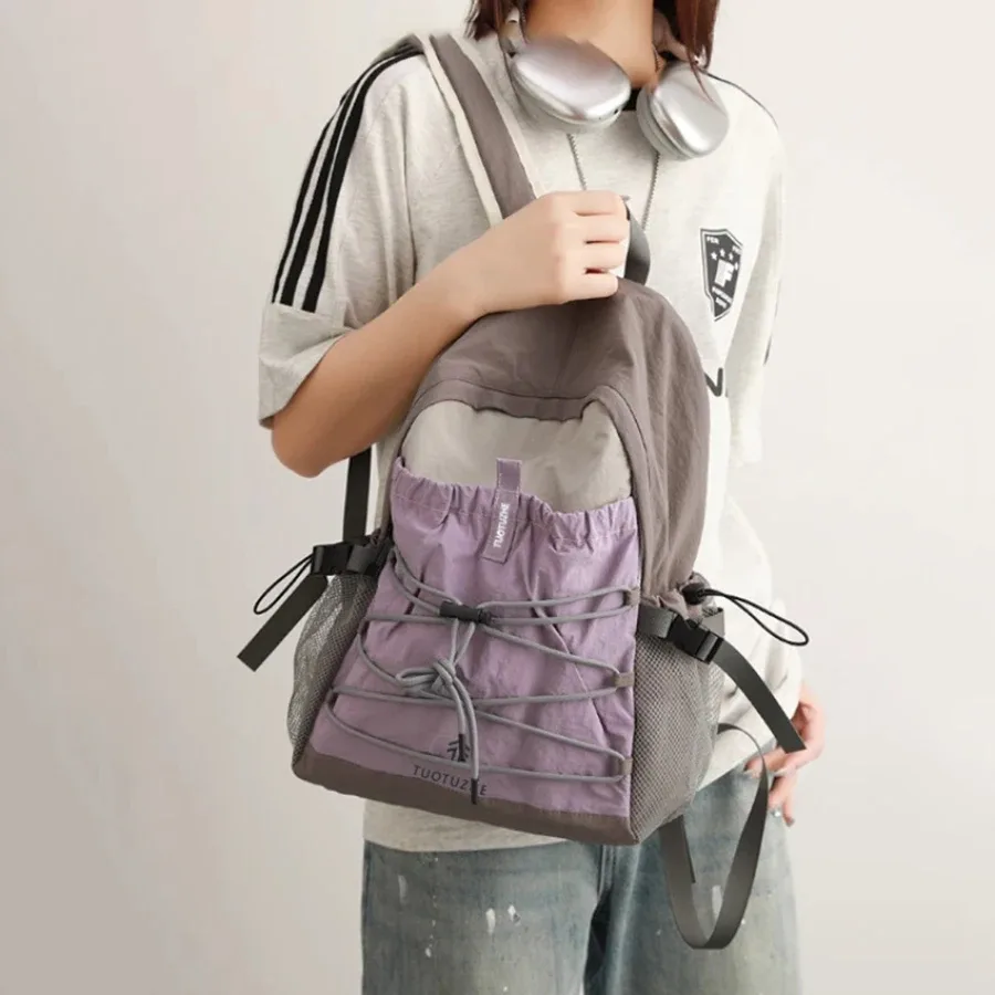 sac à dos à cordon de serrage bicolore, léger, en nylon, pour étudiants, idéal pour les voyages, la randonnée et les activités de plein air, pour hommes, femmes et adolescents.