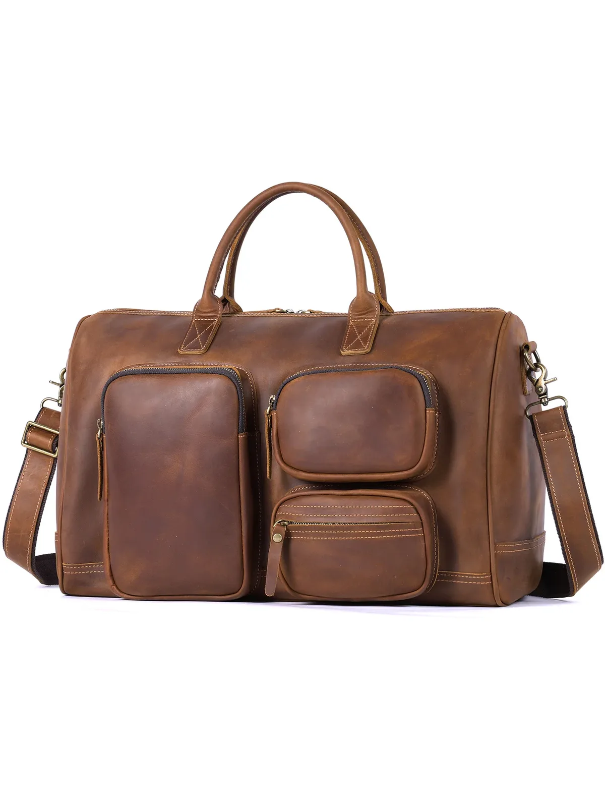 sac de voyage décontracté vintage en cuir de vache crazy horse pour hommes, sac de voyage de grande capacité de luxe de haute qualité en cuir véritable multi-poches
