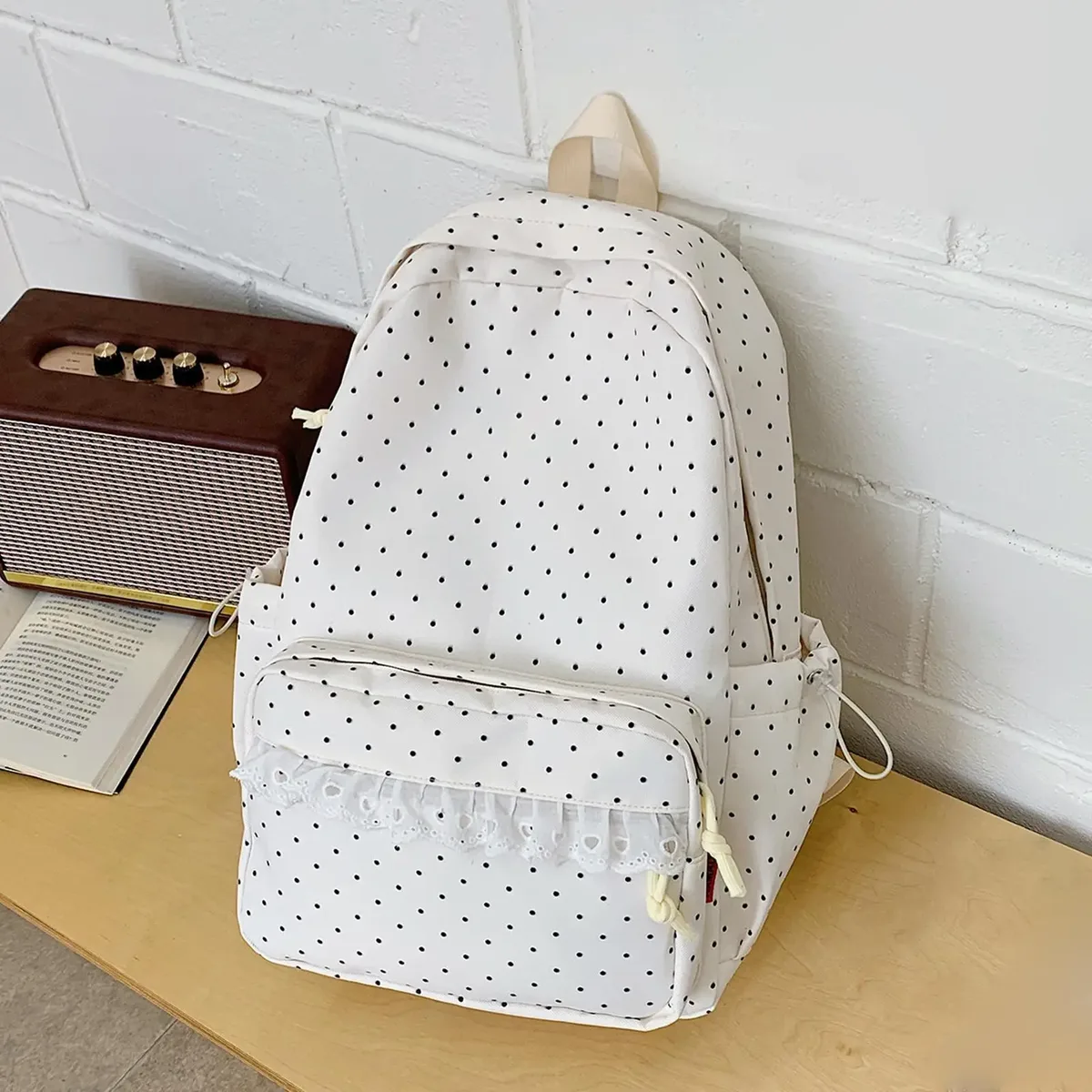sac à dos mignon en dentelle à pois, esthétique, pour ordinateur portable, pour femmes et filles, idéal pour les trajets quotidiens, les voyages, les camps d'été et l'université.