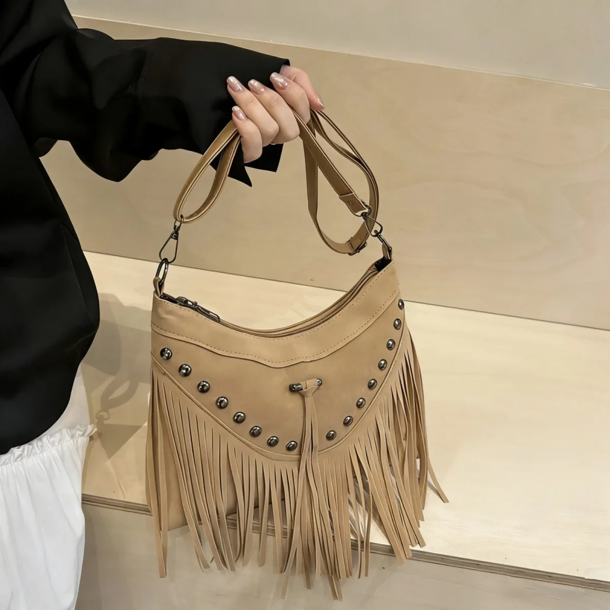 sacs à bandoulière longs à franges pour femmes, style bohème, en faux daim, vintage, avec rivets et fermeture éclair, sacs à bandoulière pour femmes, sacs de travail, sacs à cosmétiques quotidiens