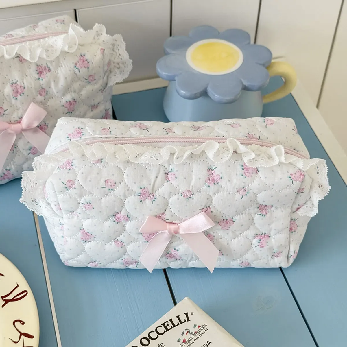 petite trousse de maquillage et de rangement de voyage pour femmes et filles, en dentelle rose à motif floral, avec nœud mignon, forme carrée, fermeture éclair, pochette à monnaie et portefeuille