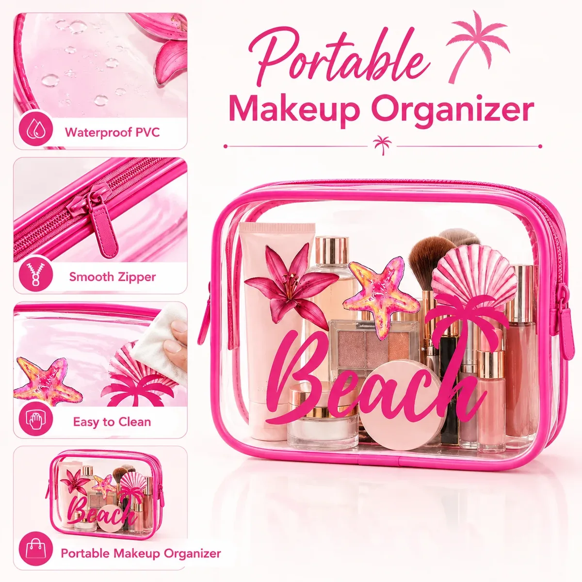 pochette de maquillage transparente en pvc à imprimé plage rose, pochette de rangement cosmétique de voyage imperméable pour femmes, rangement pour articles de toilette et soins de la peau