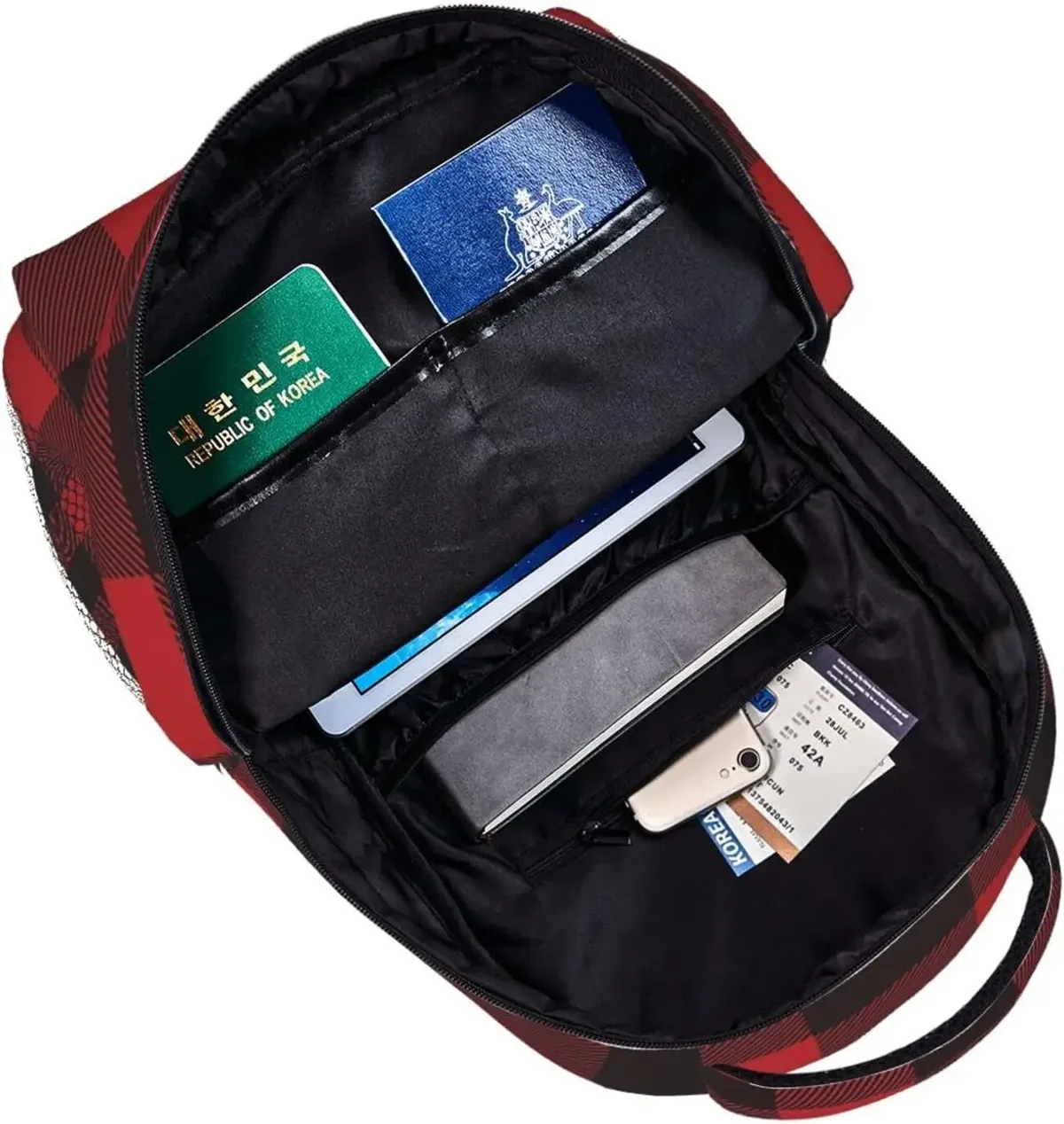 sac à dos décontracté à carreaux de buffle noir et rouge avec poches, sac à dos pour ordinateur portable, sac à dos pour le travail et les affaires