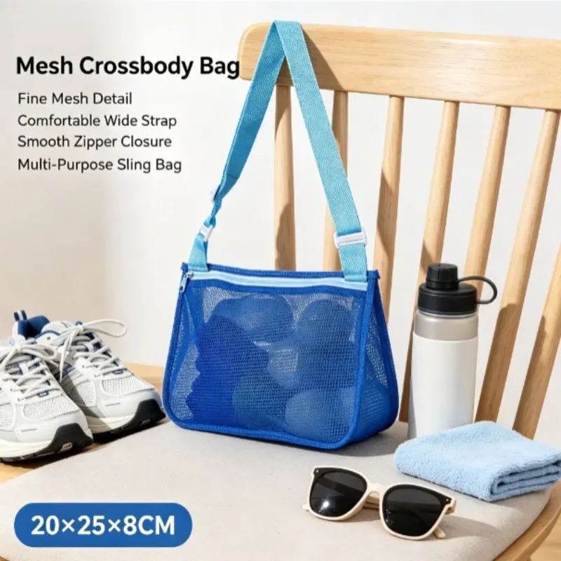 sac de rangement en filet à cordon pour enfants, sac de plage portable en filet, sac organisateur de plage à bandoulière en maille pour enfants