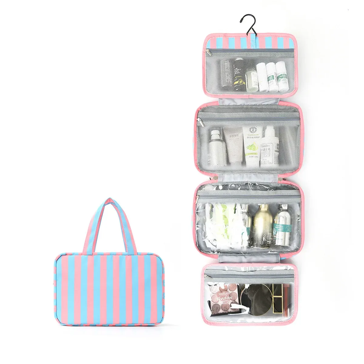 trousse de toilette rayée à 4 compartiments, pochette pliable rayée avec crochet | sacs de toilette de voyage pour armoire, placard, douche, valise