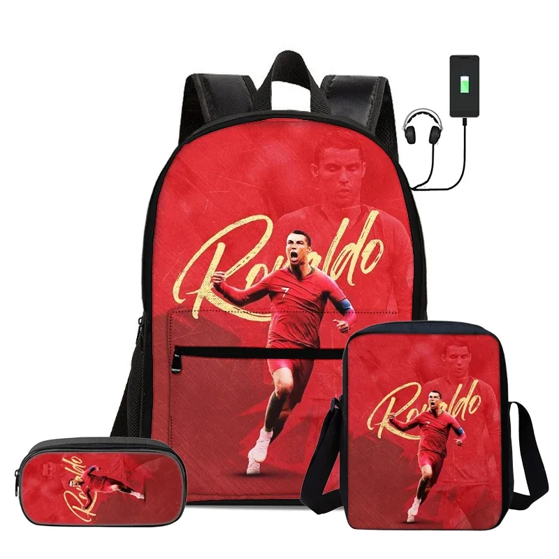 ensemble de 3 sacs à dos avec sac à bandoulière, trousse scolaire pour enfant, sac à dos ronaldo avec interface usb, sac à dos pour enfants