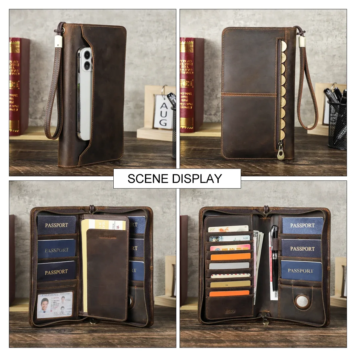 porte-passeport familial en cuir véritable contact's avec emplacement airtag, porte-stylo, pochette à monnaie, portefeuille de voyage et de passeports