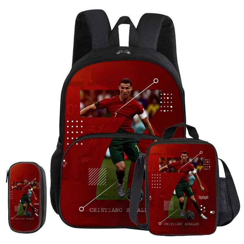 ensemble ronaldo 3 pièces avec sac à dos à poche frontale, sac isotherme pour le sport et le football, et trousse à crayons cr football star