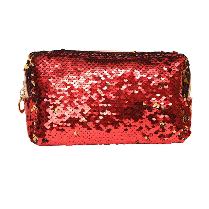 trousse de maquillage portable pour femme, paillettes, fermeture éclair, brosse, trousse de toilette, trousse à cosmétiques, évaluation, voyage