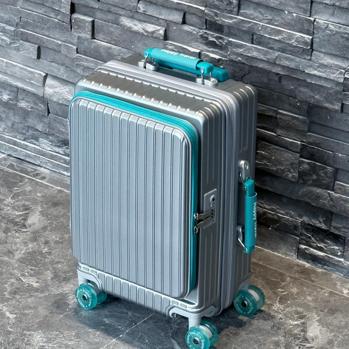 ensemble de valise à ouverture frontale avec roulettes en gel, poignée télescopique, couche extensible de 5 cm, poignée en cuir, support pour téléphone, porte-gobelet pliable, crochet latéral, serrure douanière, idéale pour les vacances à la mer et les voyages longue distance.