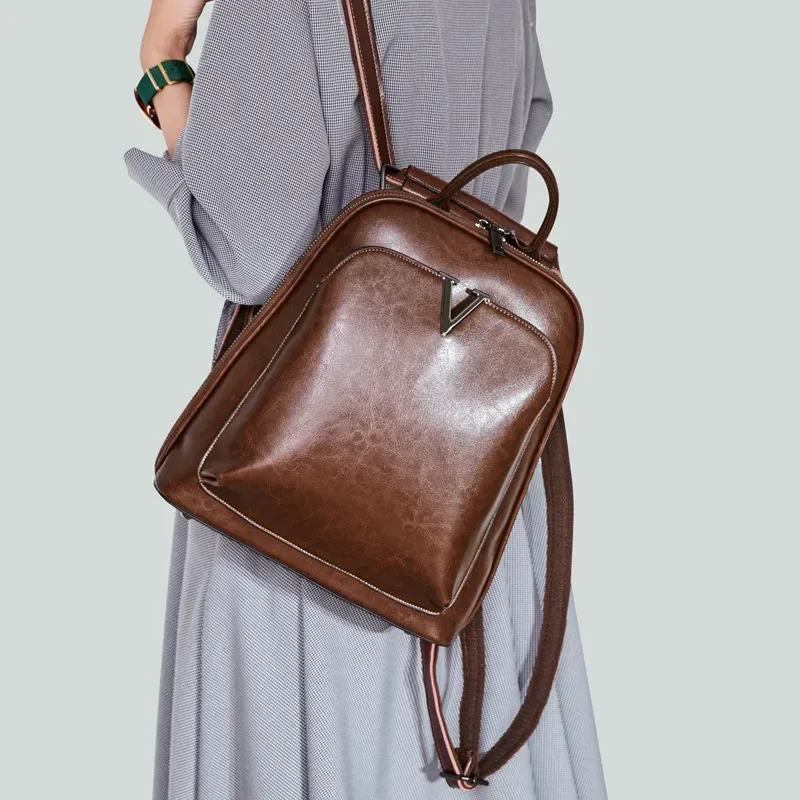 sac à dos en cire d'huile pour femmes, sac à bandoulière simple simple mode, sac à dos d'école, sac de jour en cuir véritable, nouvelle collection