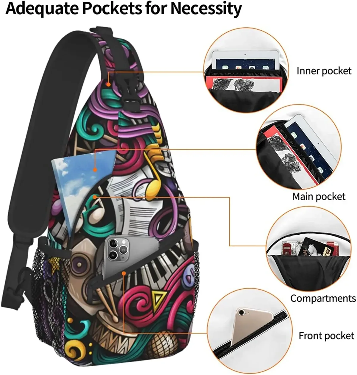 sac à bandoulière musical pour femmes et hommes, proximité de la main, motif sans couture, sacs initiés, sac à dos décontracté, sac de poitrine
