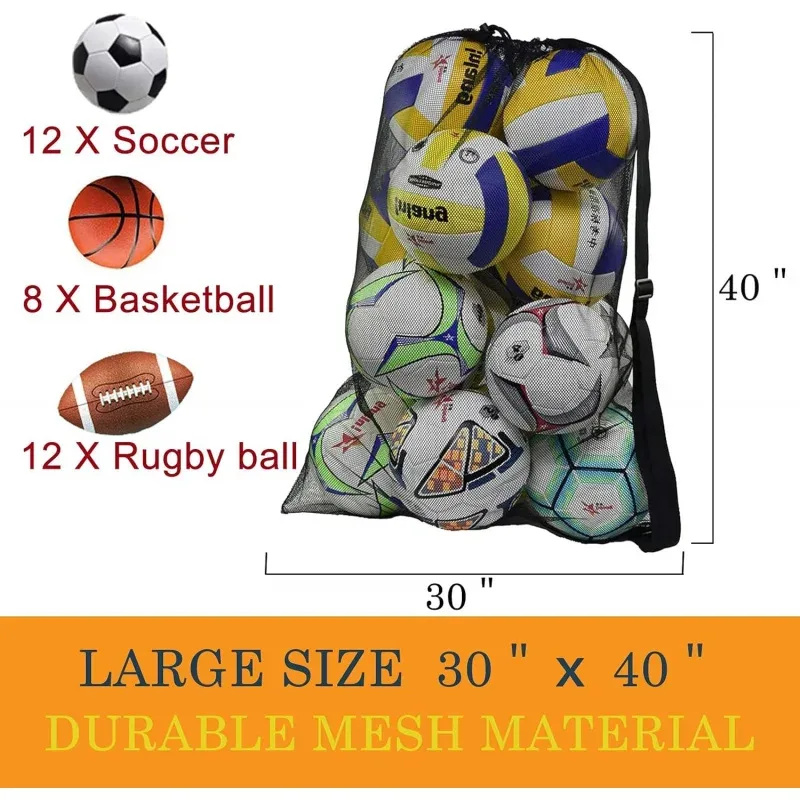 sac à balles en maille robuste, grand sac de rangement pour équipement sportif avec cordon de serrage et bandoulière pour le basketball, le football et le volley-ball