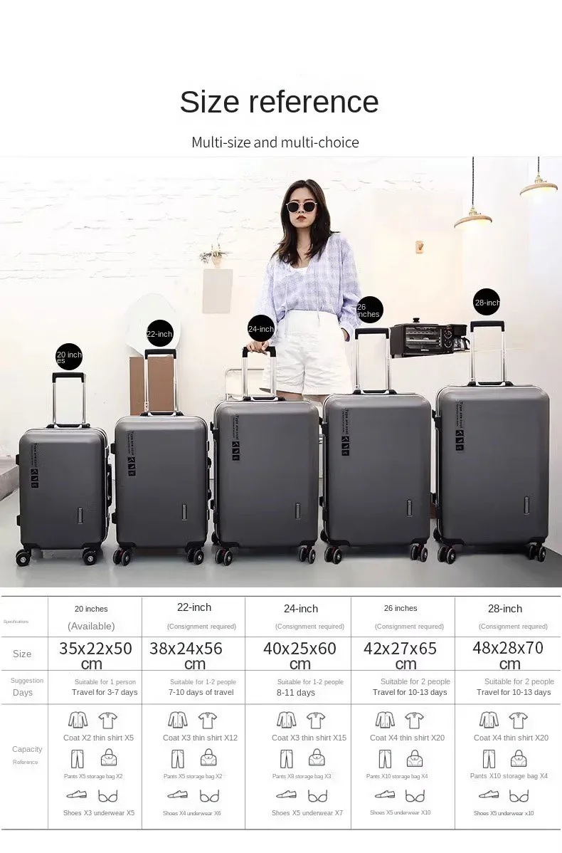 valise à main avec cadre en aluminium, 20 22 24 28 pouces, bagage roulant, cabine de voyage, boîtier de chariot, sac de voyage, verrouillage par mot de passe, fermeture éclair
