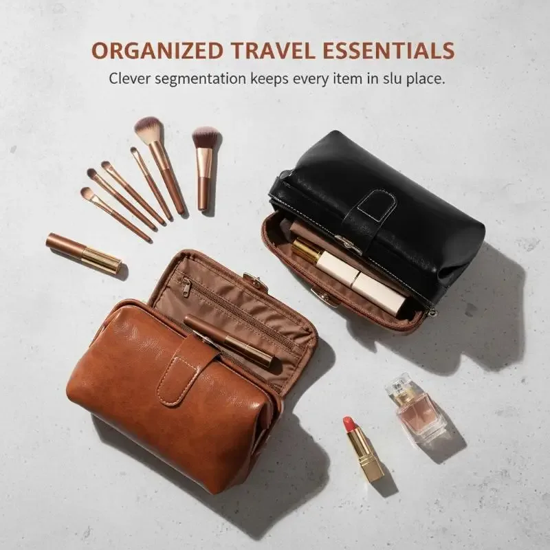 porte-monnaie à boutons de couleur unie pour filles, sac à cosmétiques en cuir pu vintage à la mode pour femmes, trousse de maquillage de grande capacité, étanche, 1 pièce