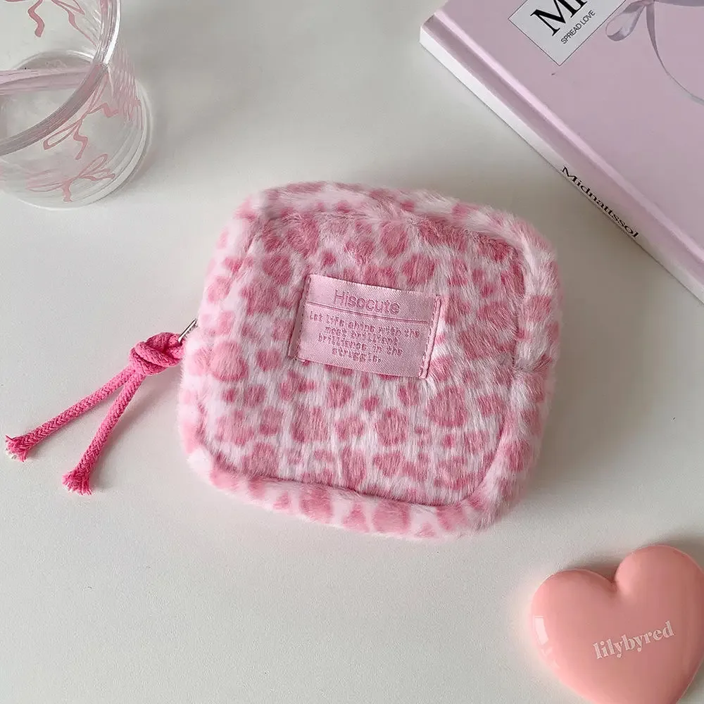 pochette cosmétique en peluche imprimé léopard style ins, mini trousse de maquillage portable, porte-monnaie à fermeture éclair, organisateur de voyage pour femmes et filles