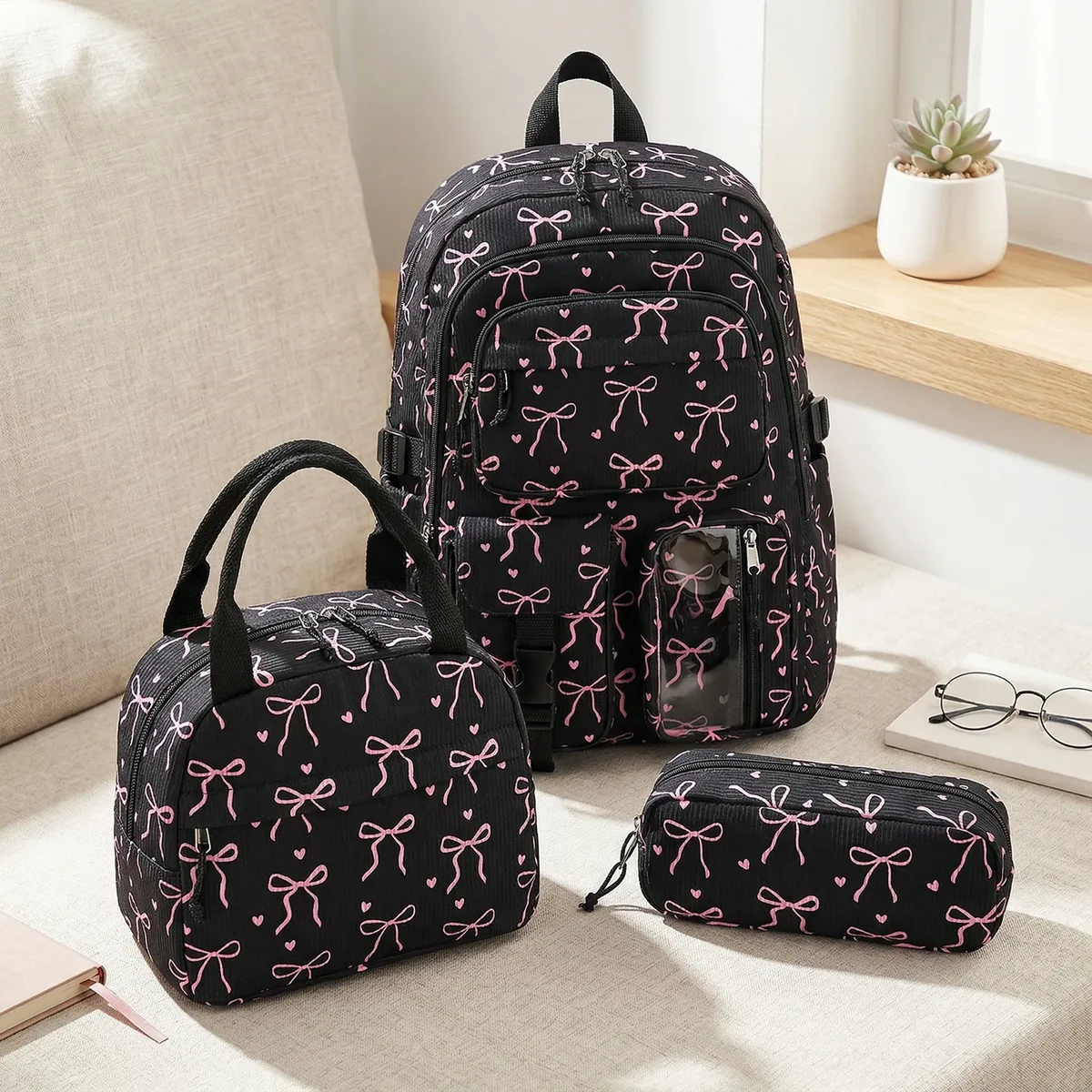 sac à dos en velours côtelé pour femmes, multi-poches, multi-couches, avec sac à lunch et trousse à crayons, sac à dos de voyage de grande capacité